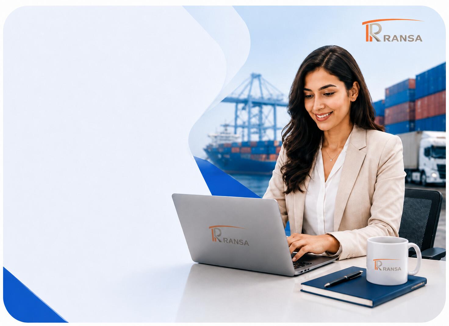 Logistics customer working on a laptop at a shipping port