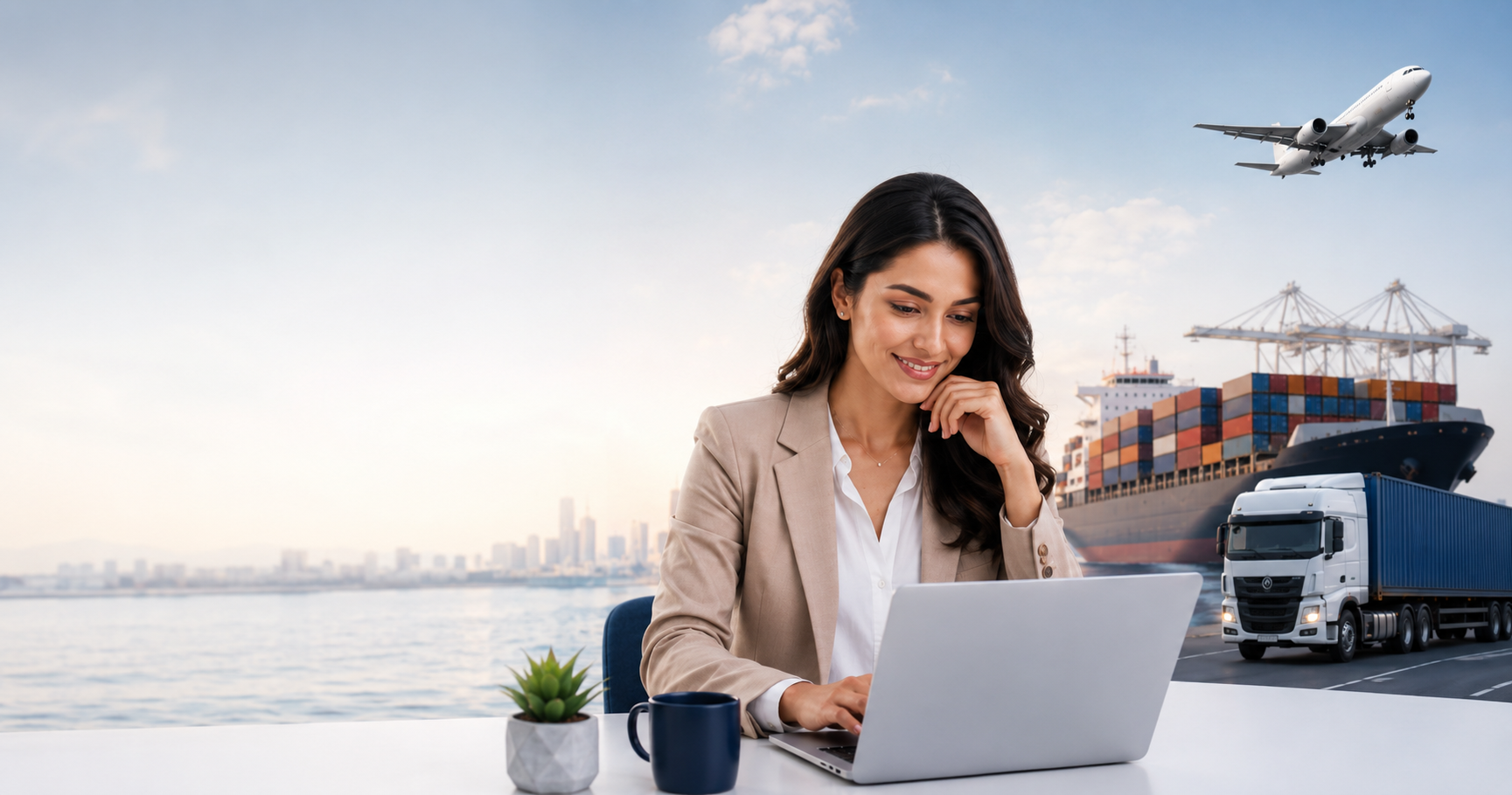 Business professional using Transa with global logistics operations in the background