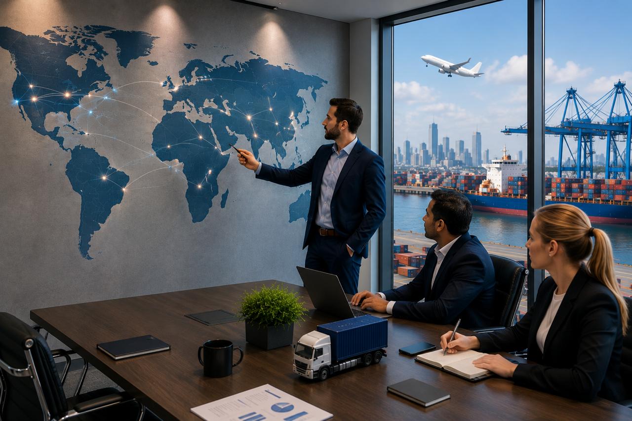 Logistics professionals planning global logistics solutions